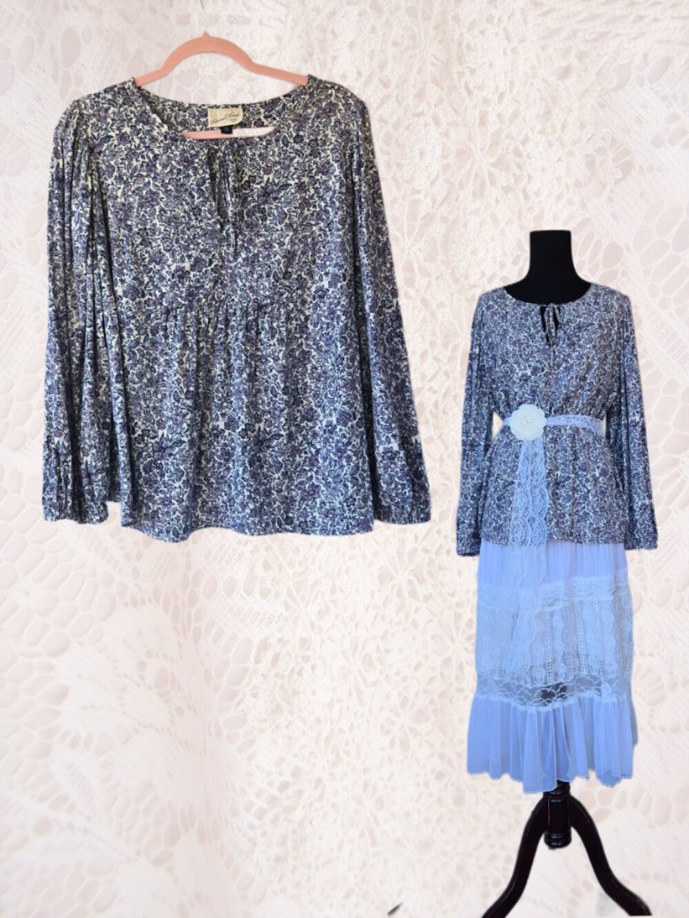 Cream and Blue Lavender Floral Print Blouse Boho Floral Cottage Relaxed Fit XXL